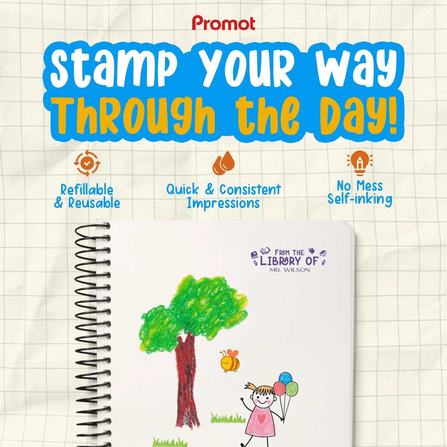 Mother and child holding a drawing with a “From the Library of” stamp, showcasing fun and engaging learning with personalized teacher stamps.